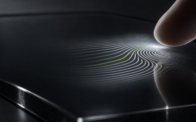 A fingertip meeting a finely etched fingerprint with a lime light tracing its ridges